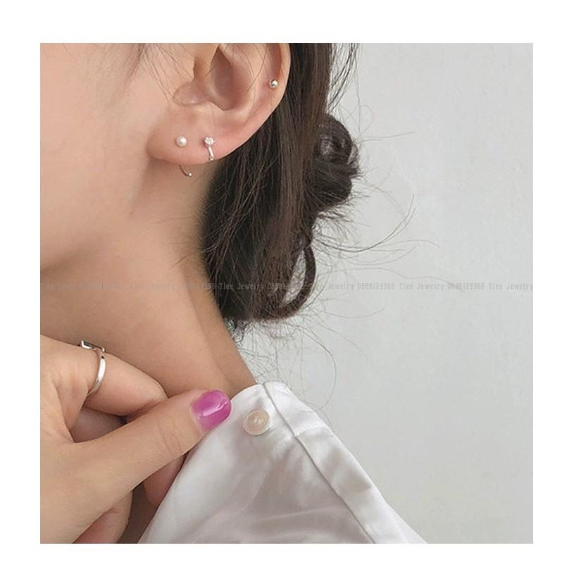 Khuyên tai bạc Tlee, Bông tai tròn chốt bấm mặt nụ đá trendy dáng đeo sát tai - TleeJewelry