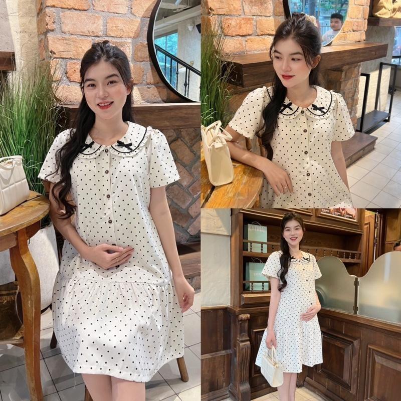 Đầm bầu chấm bi cổ sen đính nơ dễ thương, thanh lịch phù hợp cho mẹ bầu và sau sinh - Trắng kem