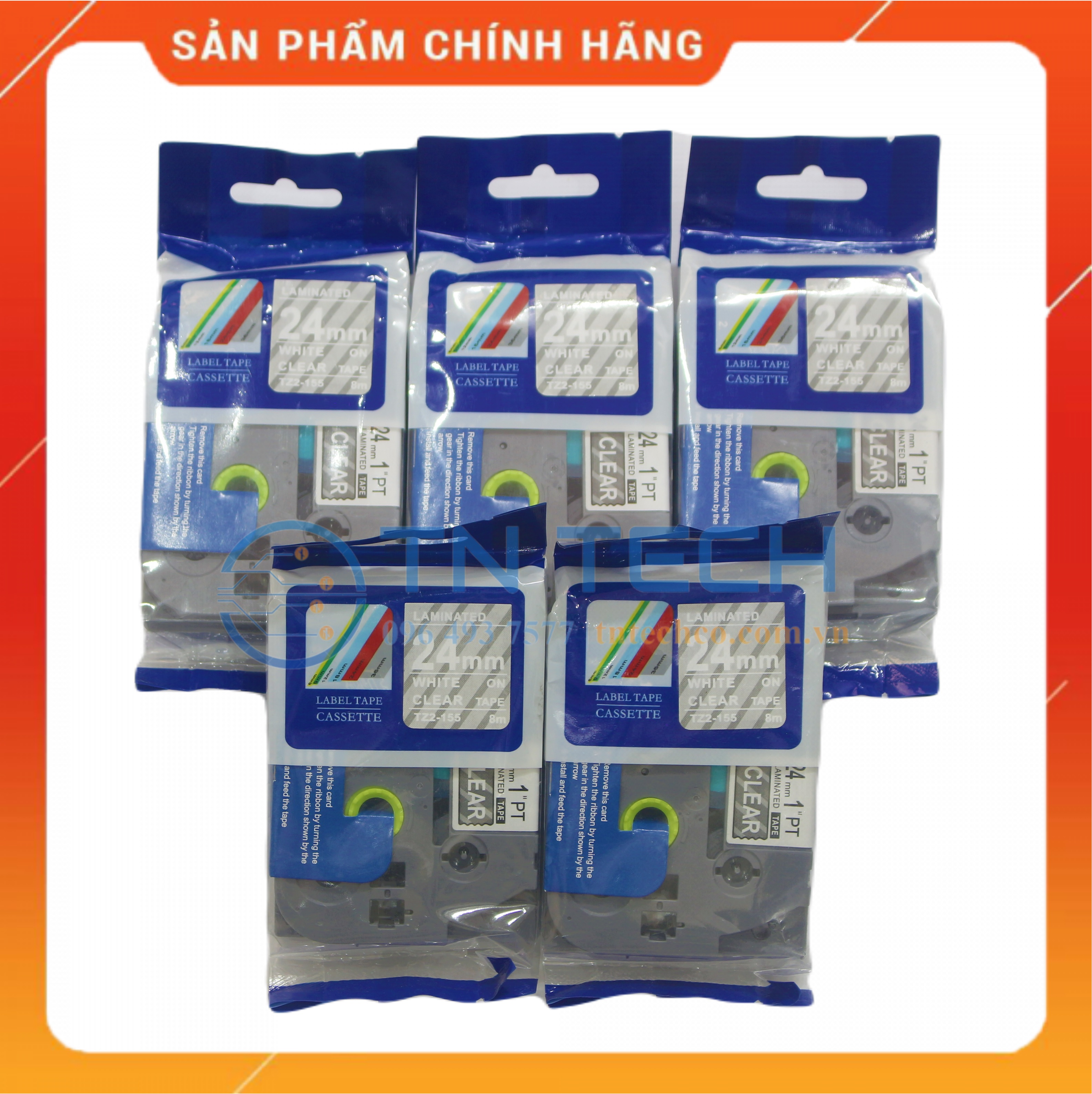 Nhãn In Tz2-155 - Trắng nền trong 24mm x 8m - Dùng cho máy in BROTHER - AIMO - PUTY [Hàng nhập khẩu]
