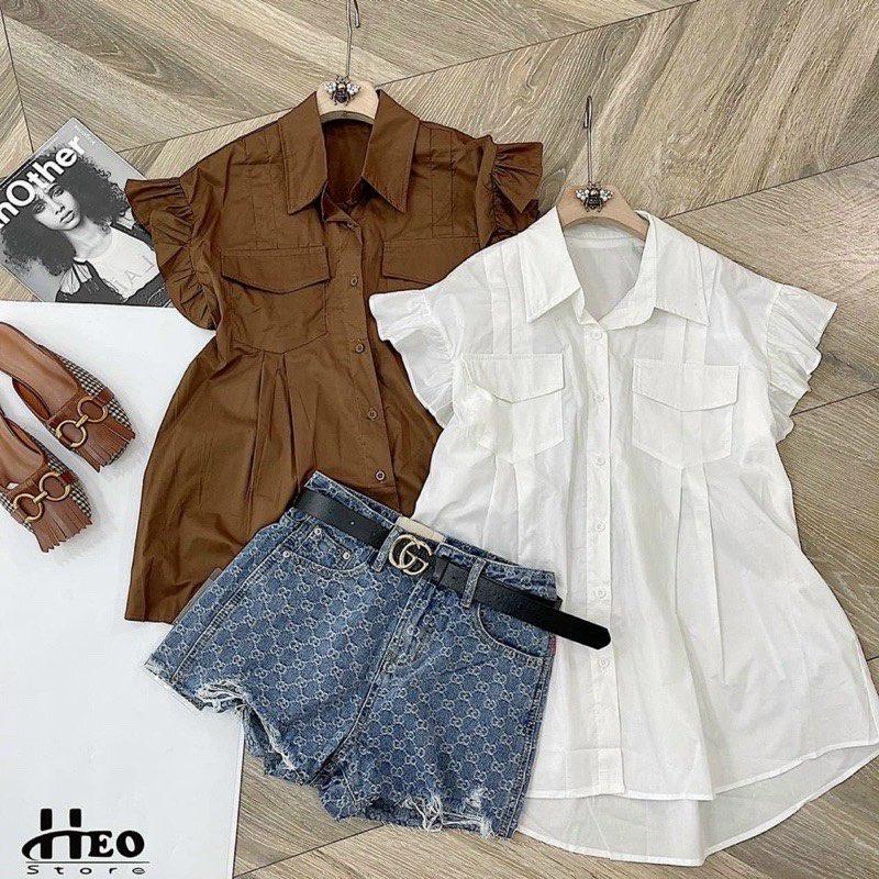 Áo babydoll cánh tiên tiểu thư 3 màu phối túi trước, áo sơ mi dáng rộng thời trang Hàn . MET SHOP