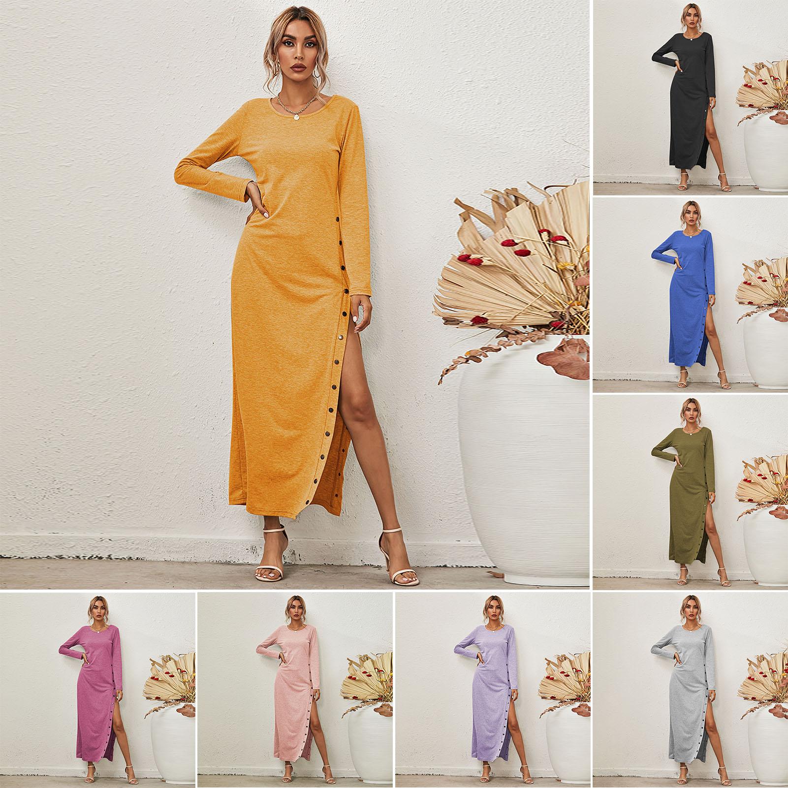 Sexy Women Solid Color Dress O Neck Long Sleeve High Split Buttons Casual Slim Long Dress