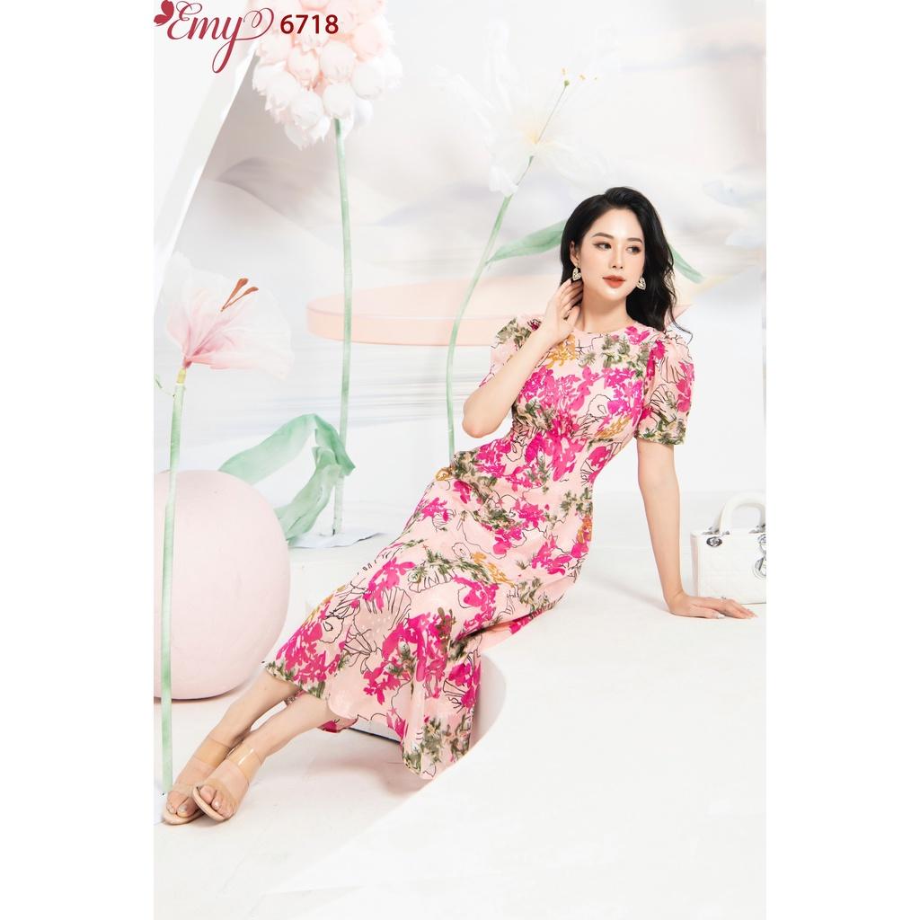 Đầm EMY EM6718 Xoè Midi Nền Hồng