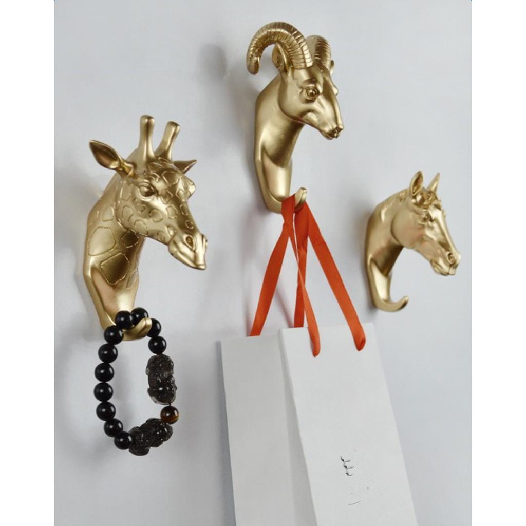 6Pcs Resin Animal Head Hook Key Hanger Rack Wall Mount Home Decor Gold