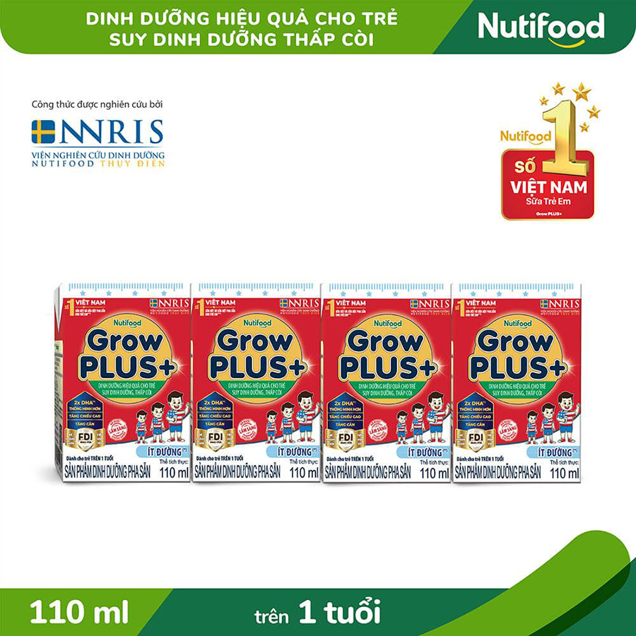 Thùng Sữa Bột Pha Sẵn Nutifood GrowPLUS+ ít đường Suy Dinh Dưỡng - Trên 1 Tuổi - Tăng Cân, Tăng Chiều Cao (48 Hộp x 110ml)