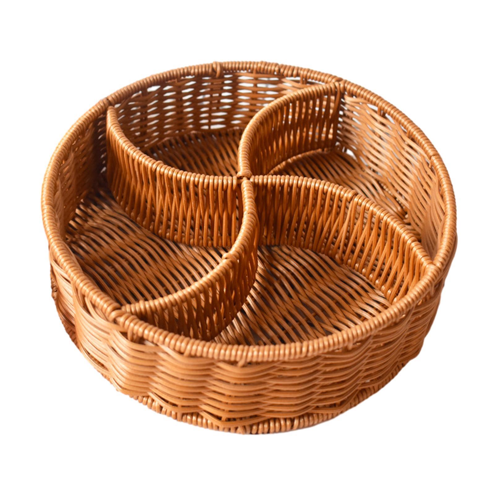 Hand Woven Serving Basket Food Storage Tray Divided Dividers Candy Serving Tray Round Fruit Basket for Hotel Breakfast Pantry