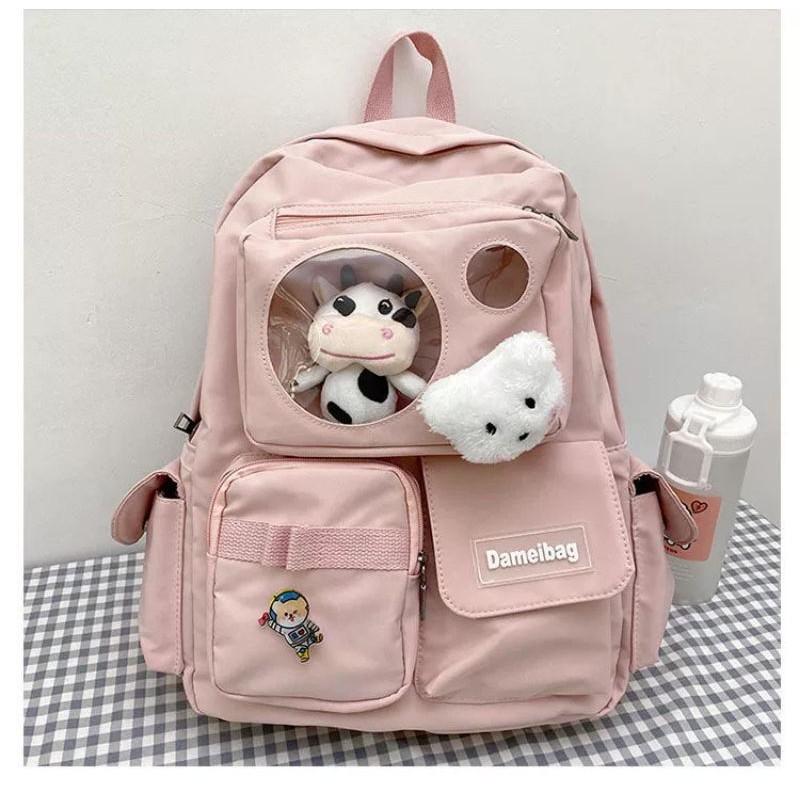 Balo Ulzzang Hàn Quốc học sinh đi học đi chơi ngăn Mica trong suốt phối lưới siêu xinh Dembellbag đi học thời trang Cặp- Balo sinh viên học sinh đa năng mèo đọc sách cute