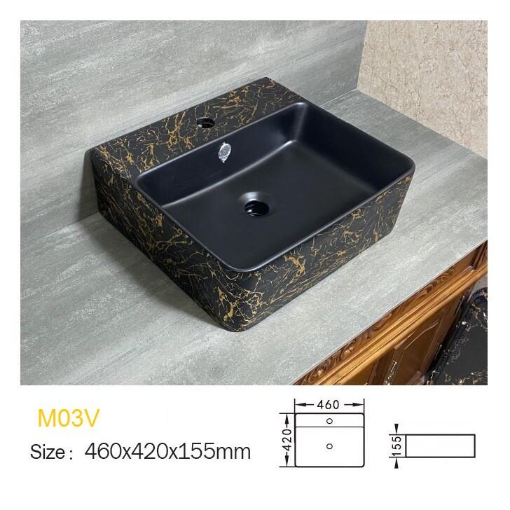 Chậu sứ lavabo để bàn hình chữ nhật có vòi trên, màu đen, họa tiết vàng đen