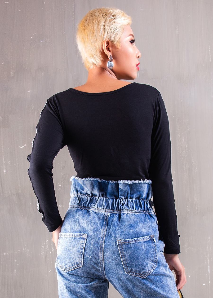Áo Nữ Thun Croptop Cổ Tròn Viền Tay Caro 110102 - Đen