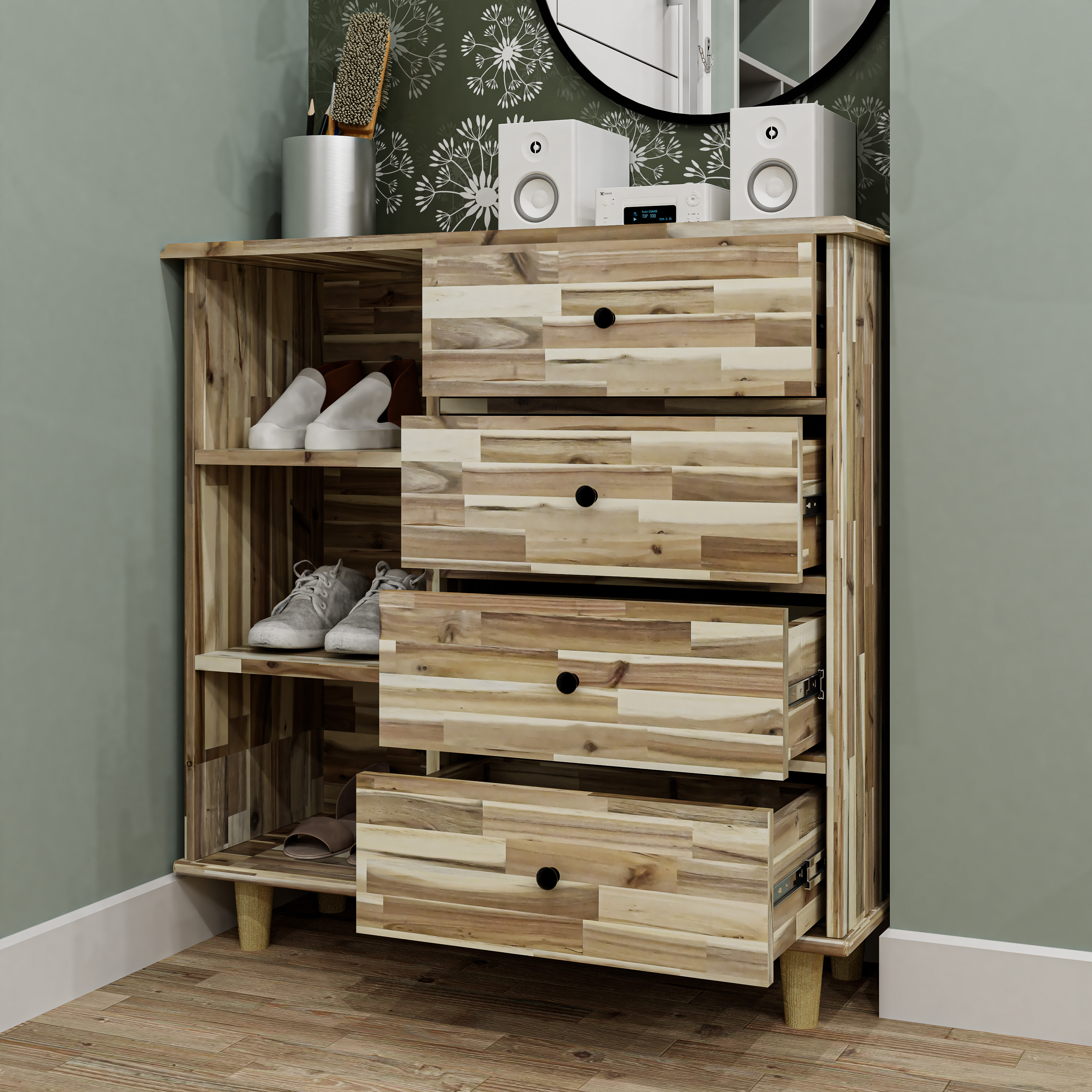 HAPPY FURNITURE , Gỗ tự nhiên , Tủ lưu trữ 4 ngăn kéo - FARAH , THK_183 , 90cm x 35cm x 90cm