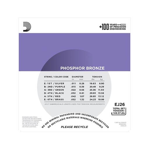 Bộ dây đàn Guitar Acoustic - D'Addario EJ26 - Phosphor Bronze, Custom Light Gauge .011-.052 - Hàng chính hãng