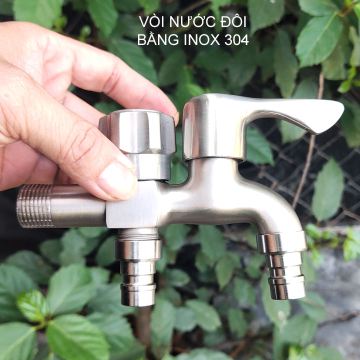 Vòi nước đôi inox 304 gắn tường, 01 đầu vào 2 đầu ra (kích thước đầu vào DN15 lắp cho ống D21)