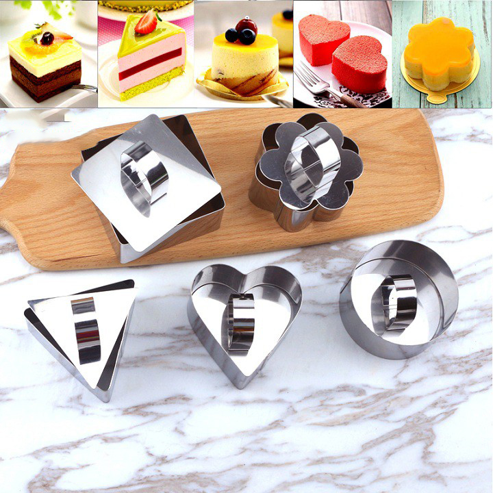 Bộ 5 Khuôn Inox Không Đáy Tròn-Vuông-Trái-Tim-Tam Giác Loại Nhỏ Làm Bánh Tiramisu, Mousse, thạch, pudding,Charlotte Ring Mini