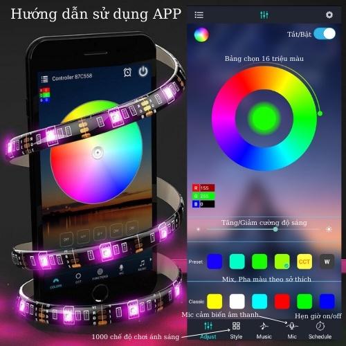 Đèn LED dây 5V dài 5m RGB 16 triệu màu điều khiển qua ĐIỆN THOẠI - CHỐNG NƯỚC IP65 - NHÁY THEO NHẠC kết nối bằng USB