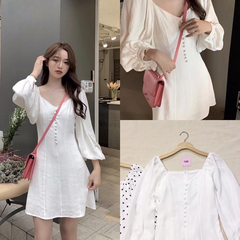 Đầm voan tơ nút bọc tay dài