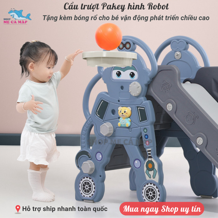 Cầu trượt cho bé Pakey ROBOT có sẵn 3 màu TẶNG KÈM BÓNG RỔ Cầu trượt gấp gọn cho bé