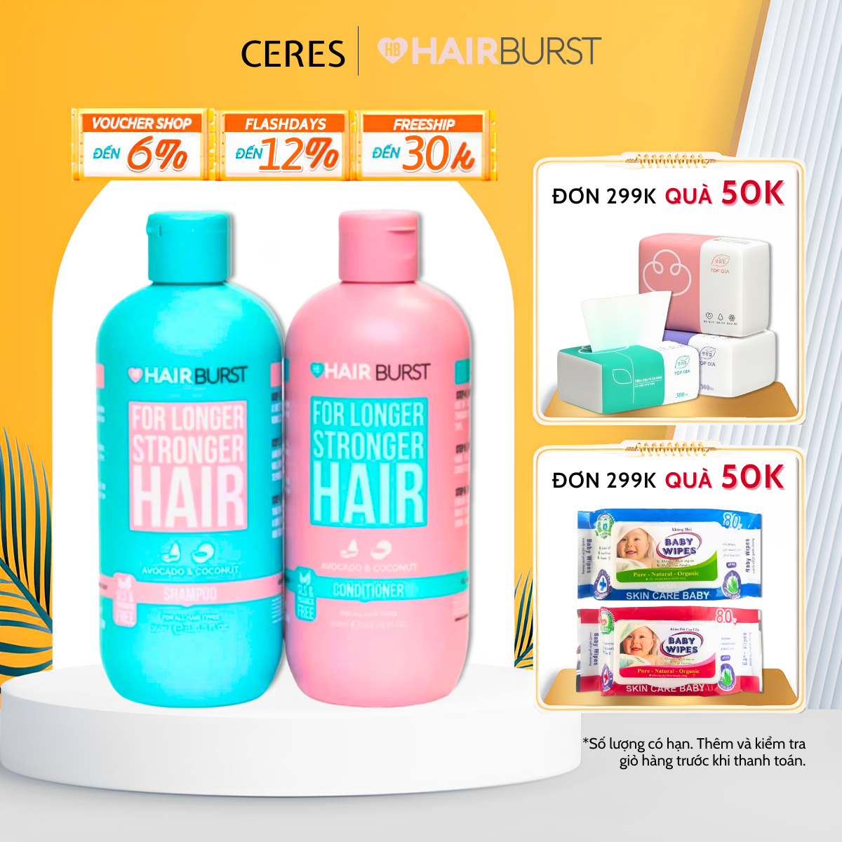 Set Gội Xả Hairburst Kích Thích Tóc Mọc Dài Hơn Chắc Khỏe Hơn 350ml/Chai