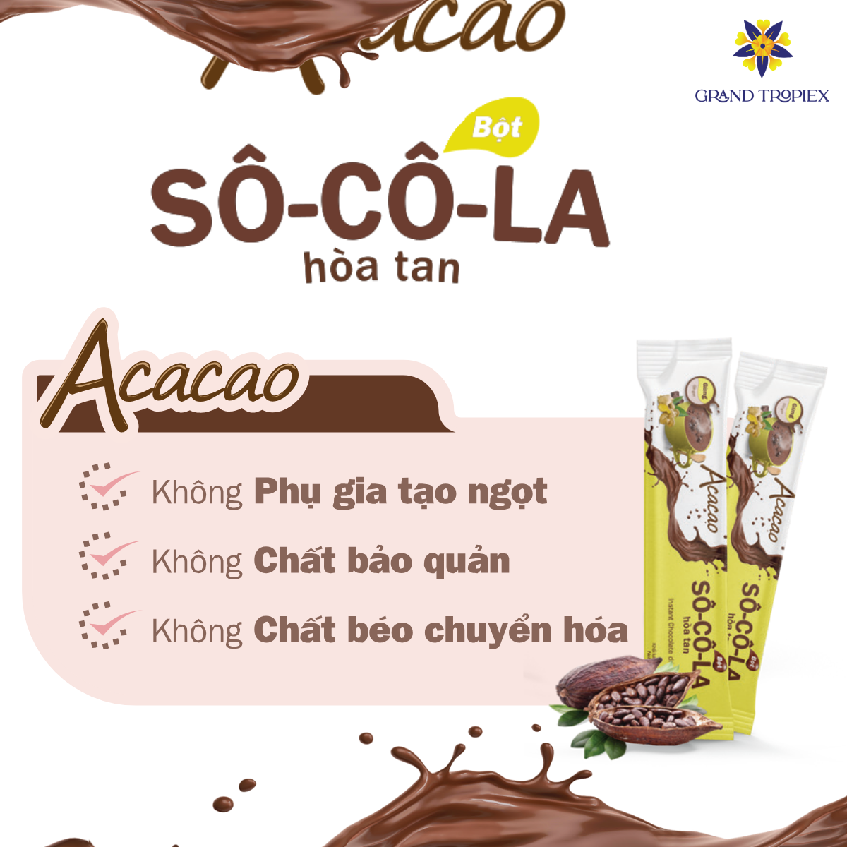 Bột socola Acacao hòa tan uống liền dinh dưỡng, hương vị thanh mát, nồng ấm từ bơ cacao - Hộp 286g.