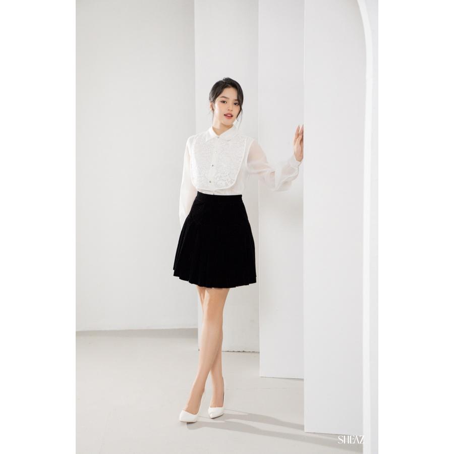 SHEAZ Sơ mi tơ trắng phối ren ngực cao cấp cổ đức cổ sơ mi tay dài phong cách Hàn Quốc