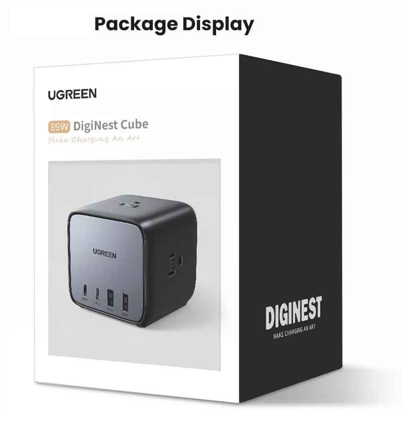 Ugreen UG40861CD268TK 65W Màu Đen Bộ sạc nhanh DigiNest Cube Chip GaN3 gồm 2 cổng USB-C + 2 cổng USB-A kèm dây cápnguồn dài 2M chuẩn cắm EU - HÀNG CHÍNH HÃNG