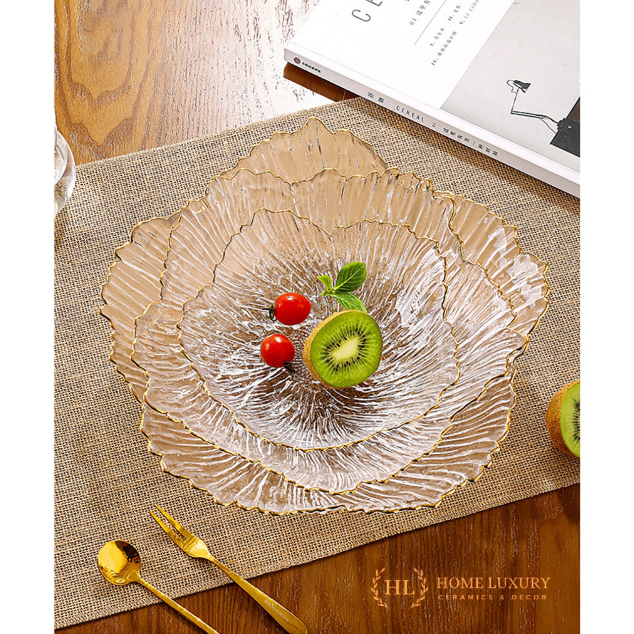 Set 3 Đĩa thủy tinh Decor chịu nhiệt - chịu lực borosilicate viền vàng cao cấp -Đĩa cánh hoa vân đá phong cách Hàn Quốc - HÀNG CHÍNH HÃNG MINIIN