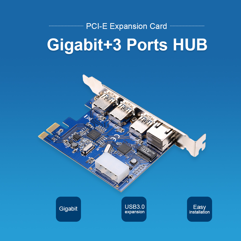 Thẻ Mở Rộng PCI-E Sang 3 Cổng USB3.0 Nguồn Điện 4pin Và Hỗ Trợ Mạng Tốc Độ Cao Gigabit PCI-E 1x / PCI-E