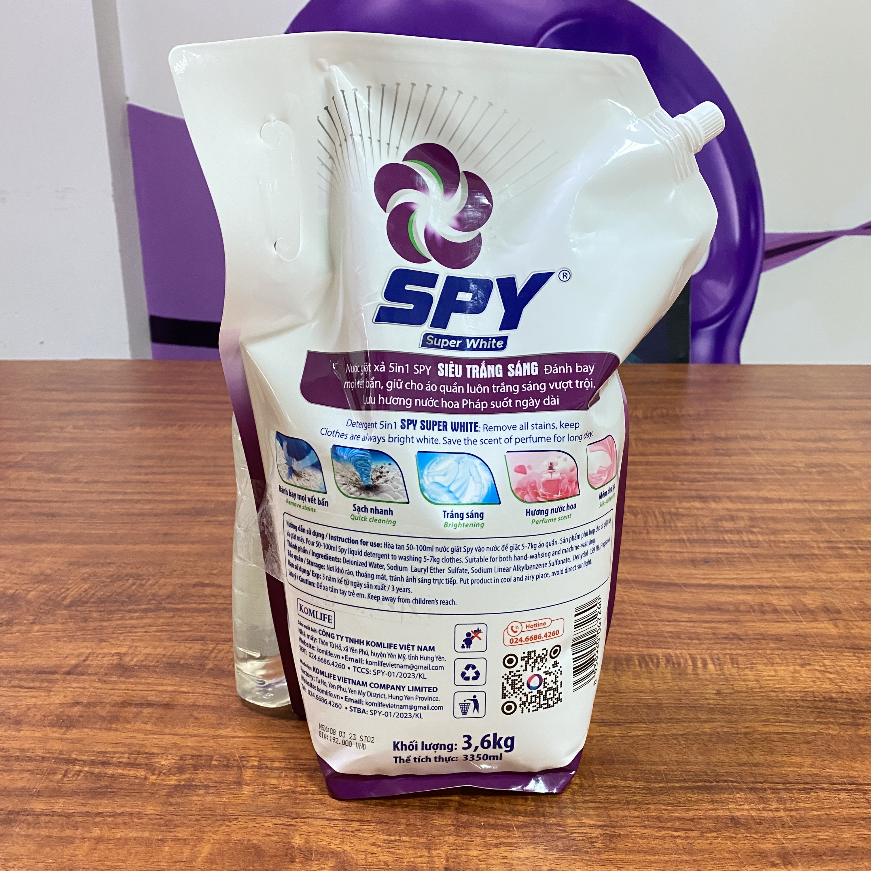 Combo 2 túi nước giặt xả SPY Super White Luxor 3,6kg siêu trắng sáng hương nước hoa Pháp