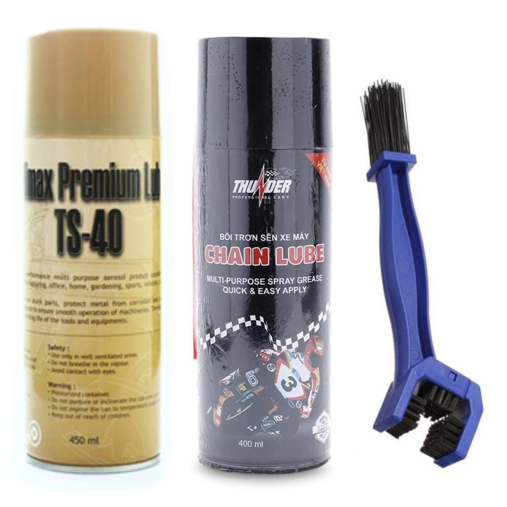 Bộ 3 sp Chai xịt vệ sinh sên xe máy TS-40 450ml, chai xịt dưỡng sên Thunder Chain Lube 400ml và bàn chải vệ sinh sên