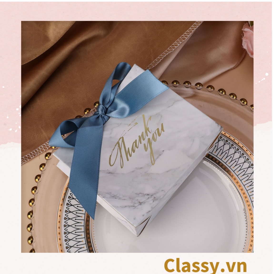 Túi giấy Classy đính nơ cao cấp Classy màu hồng, hộp đựng trang sức nhẫn, dây chuyền bằng nhung Q1348