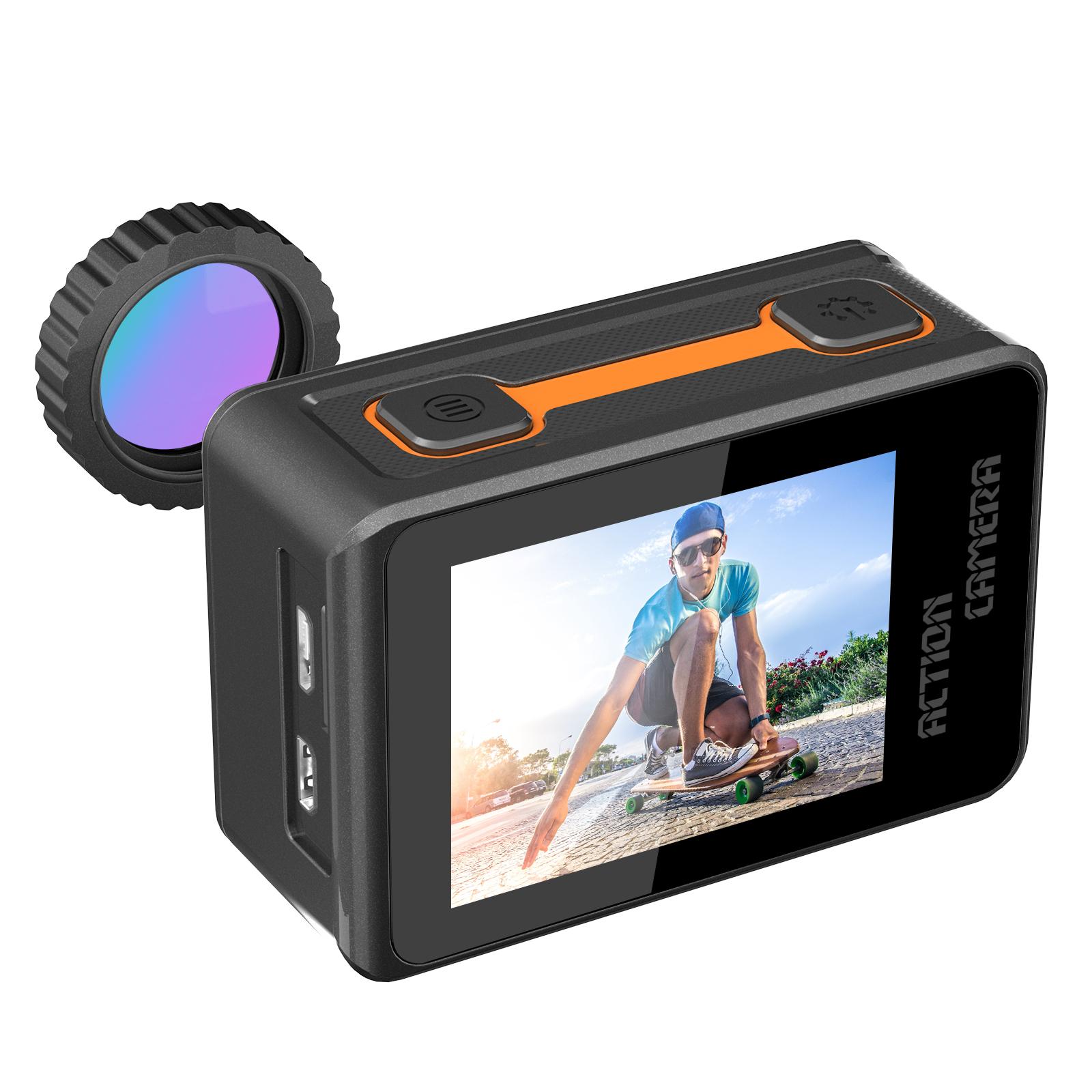 Camera hành động với ống kính bộ lọc màn hình kép 2.0 inch LCD EIS 4K 60FPS 20M WiFi Video ghi 40m thể thao chống thấm nước cam