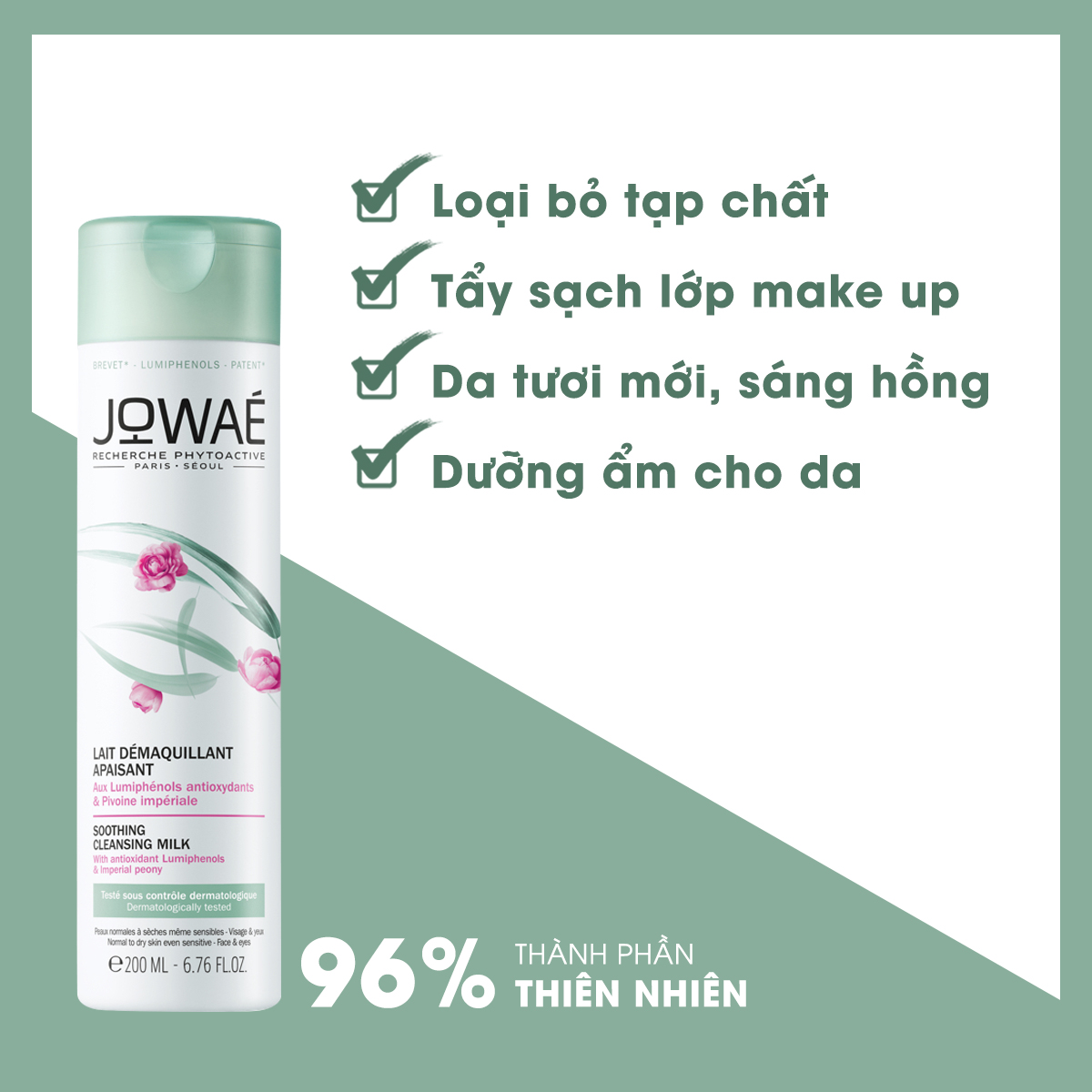 Sữa tẩy trang JOWAE làm sạch bụi bẩn và Make up dành cho da nhạy cảm Mỹ phẩm nhập khẩu Pháp SOOTHING CLEANSING MIL 200ml