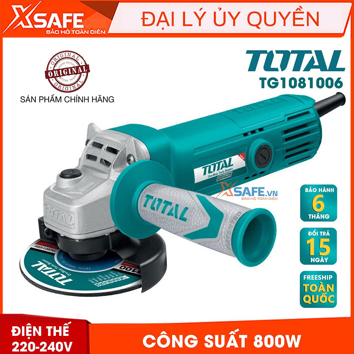 Máy mài cầm tay TOTAL TG1081006 công suất 800W đóng gói trong hộp màu. Máy mài góc điện thế 200-240V - Chính hãng