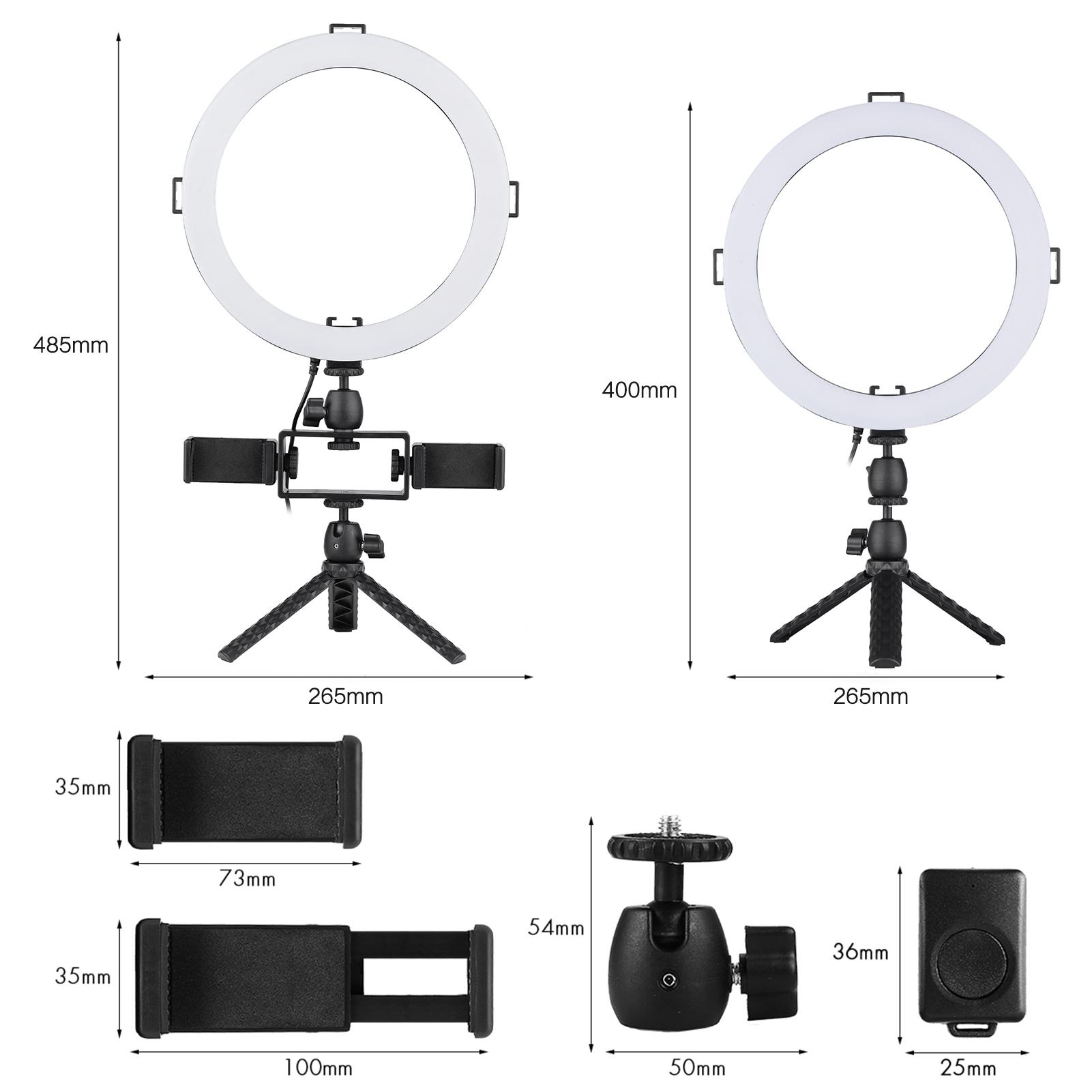 Bộ đèn LED vòng 10 inch / 26 cm 3 chế độ chiếu sáng 3000K-6500K USB có thể điều chỉnh độ sáng Được hỗ trợ với chân máy tính để bàn mini + Giá đỡ