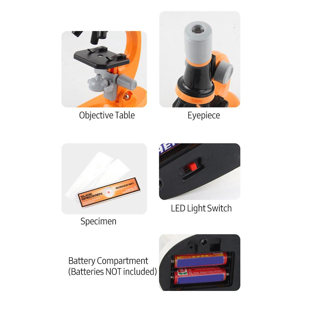 1200X Microscope Children Optical Microscope with LED Light Collection Bottles 12pcs Slides for Kids Student Beginner Science Educational Toy