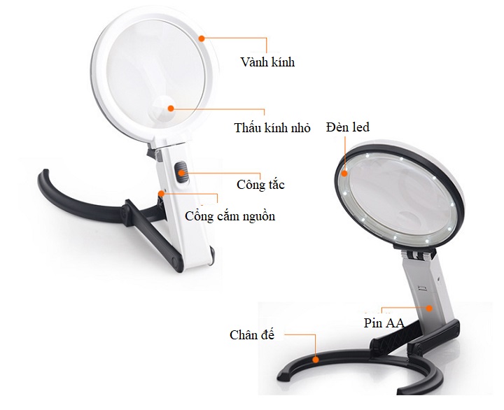 Kính lúp 2in1 để bàn kiêm cầm tay 5X có đèn hỗ trợ sửa chữa linh kiện điện tử