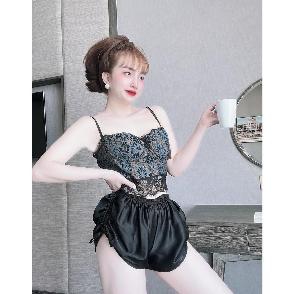 Đồ ngủ sexy nữ Bộ ngủ hai dây có mút Set ngủ gồm áo phối ren và quần có dây rút