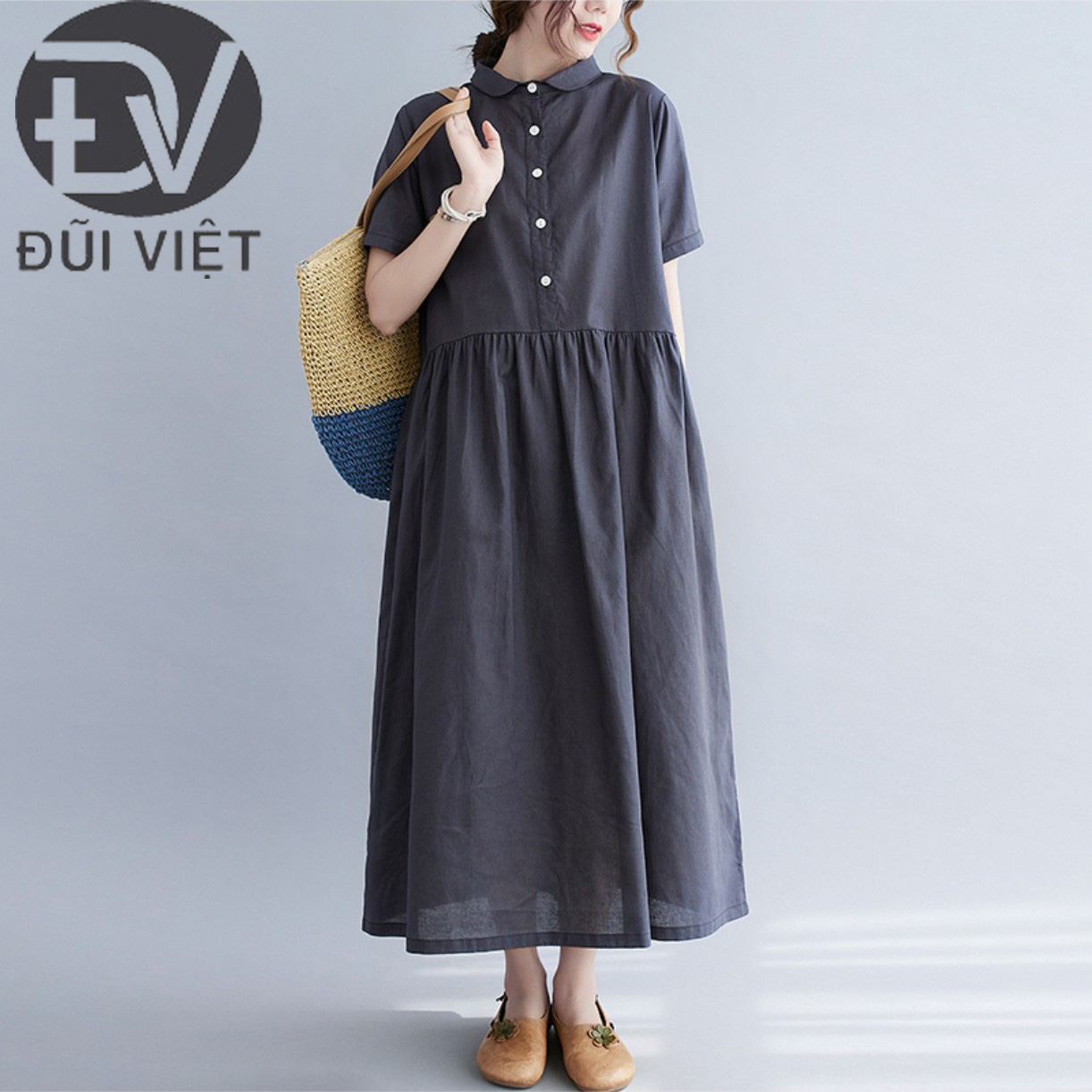 Đầm suông linen cổ sơ mi, Đầm maxi ngắn tay chất liệu linen mềm mát, thời trang phong cách trẻ Đũi Việt DVDA158