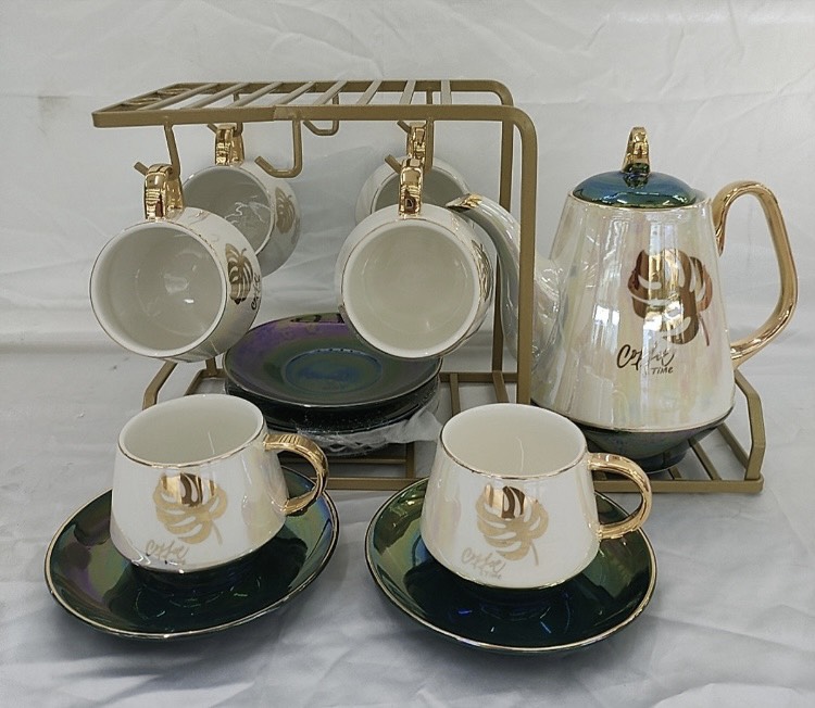 BỘ ẤM CHÉN PHA TRÀ CÓ GIÁ TREO CỐC KIM LOẠI, ĐIA KÊ TÁCH - VD55