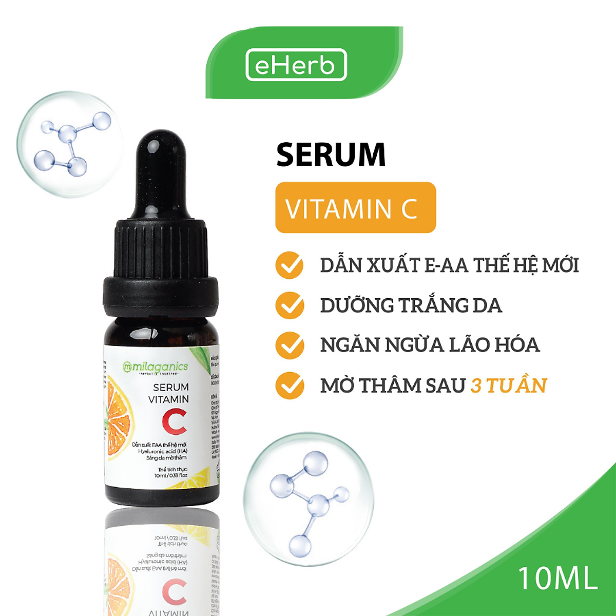 Serum Trắng Da Vitamin C Dưỡng Sáng, Mờ Thâm Bổ Sung HA & Collagen MILAGANICS 10ml