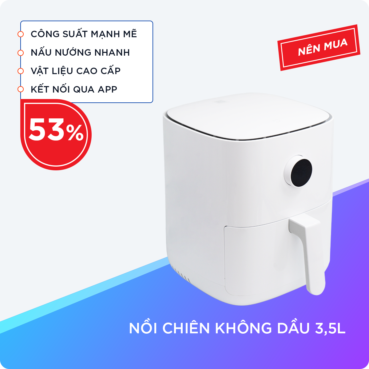 Nồi Chiên Không Dầu 3.5L, Tùy Chỉnh Nhiệt Độ Từ 40-200 Độ C, Bảng Điều Khiển Cảm Ứng, Kết Nối App Với Hơn 50 Công Thức Nấu Ăn