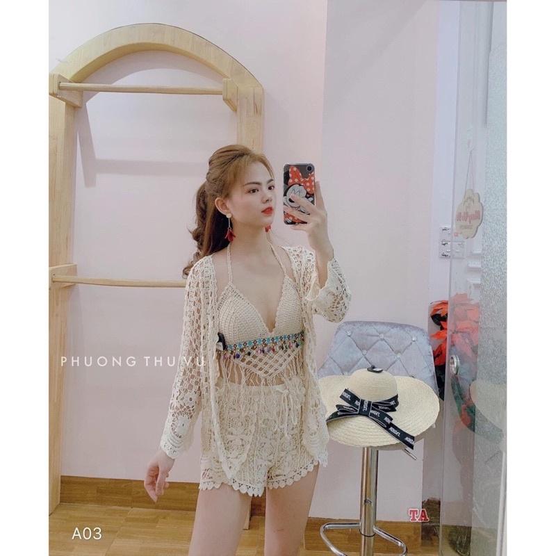 56-Set đồ bơi bikini sợi móc + ren 3 món đi biển mùa hè( có bán lẻ)