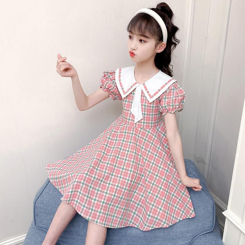 TOBE1SHOP Váy mùa hè cho bé gái 2023 Trẻ em cổ áo hải quân Hàn Quốc váy kẻ sọc đỏ