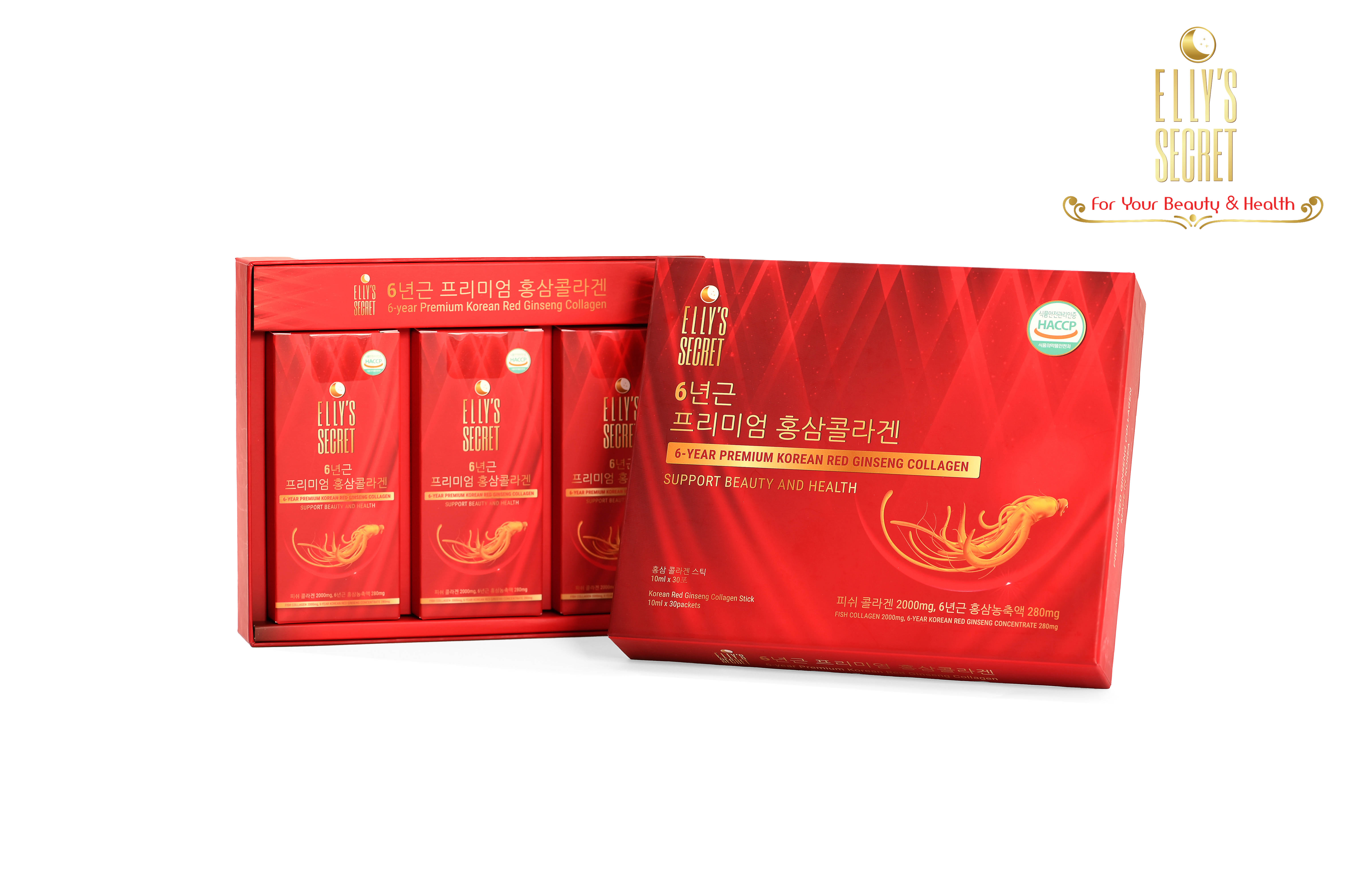 Hồng sâm collagen dạng nước cao cấp Hàn Quốc cải thiện làn da Elly Secret Premium 6 year Korea Red Ginseng Collagen 300ml