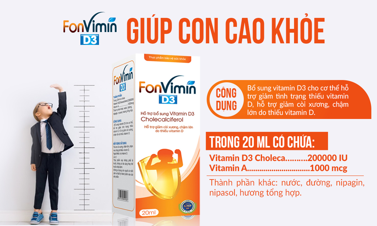 Hỗ trợ giảm còi xương, tăng cường hấp thu canxi Vitamin D3 (Hộp/chai nhỏ giọt 20ml)