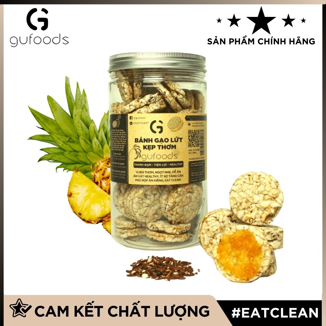 Snack gạo lứt kẹp thơm GUfoods - Chua ngọt thơm ngon, Giàu chất xơ, Ăn vặt Healthy, Eat clean, Thuần chay (80g/150g)