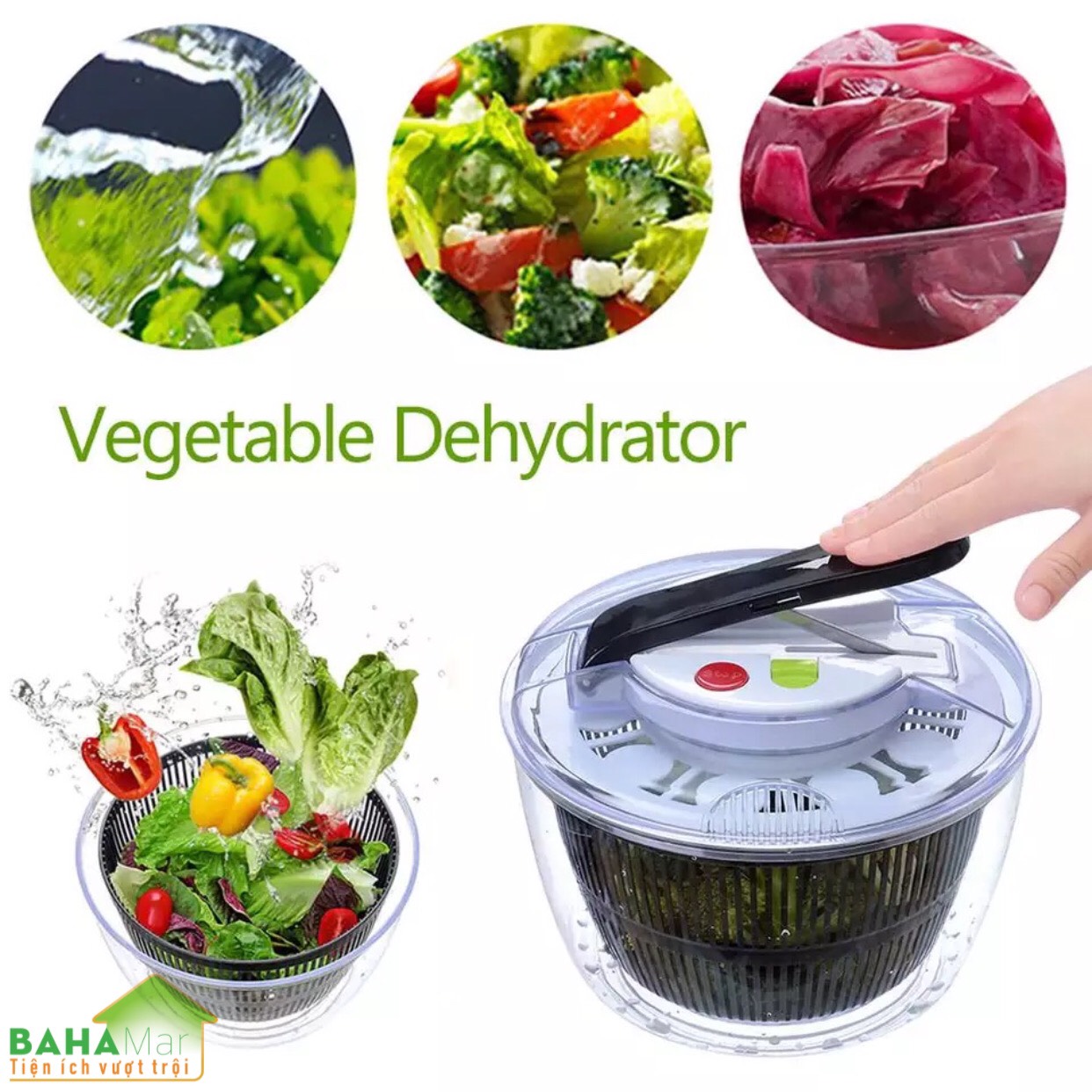 CHẬU ĐA NĂNG RỬA VÀ QUAY VẮT KHÔ RAU CỦ QUẢ THEO NGUYÊN LÝ ĐÒN BẨY có thể xoay nhiều món salad và rau tại cùng thời gian, tay nắm ấn đẩy có thể dễ dàng làm sạch và làm khô rau.