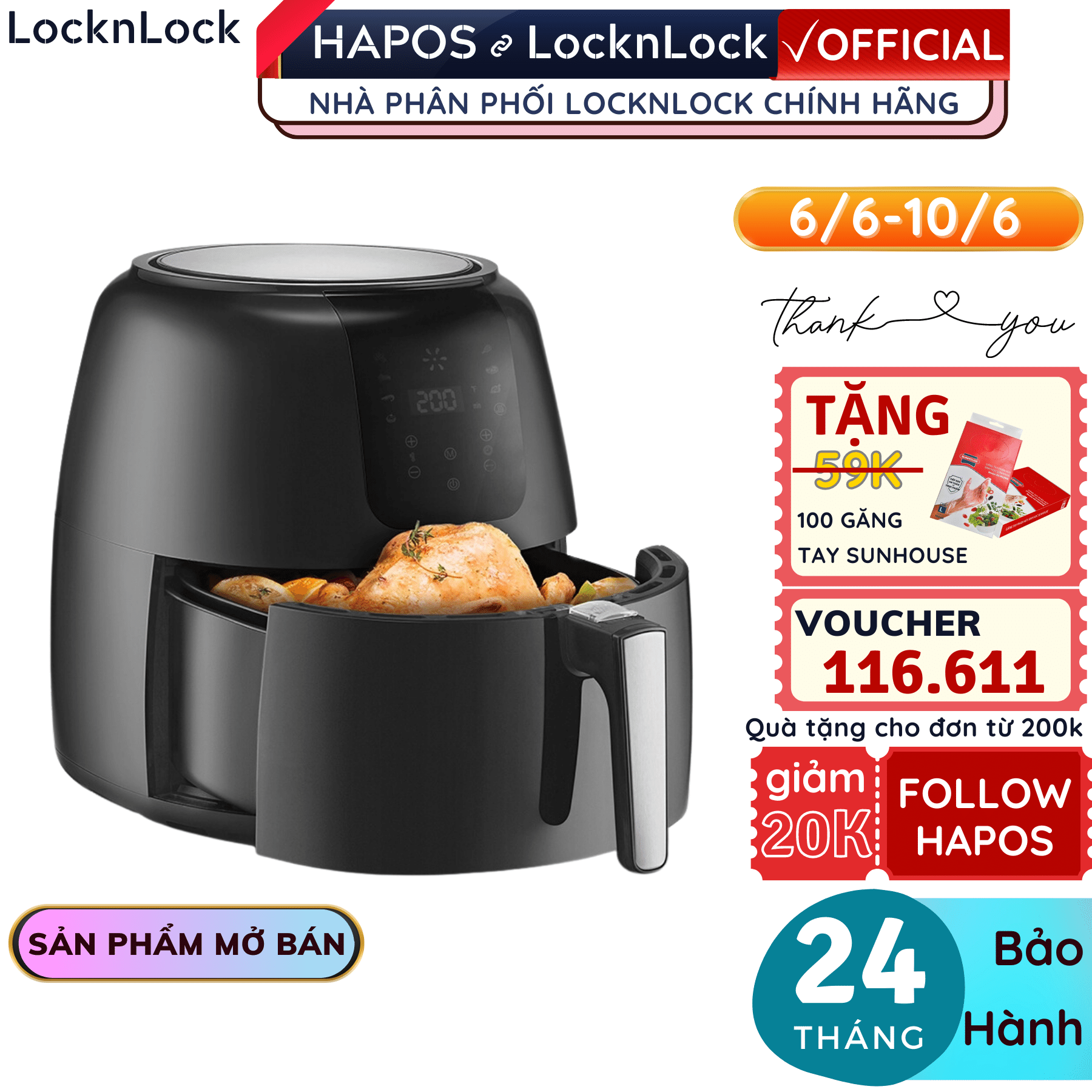 Nồi Chiên Không Dầu Lock&amp;Lock EJF296BLK 7.2L - Hàng Chính Hãng, 7 Chế Độ Cài Sẵn, Làm Nóng 360 Độ - Hapos