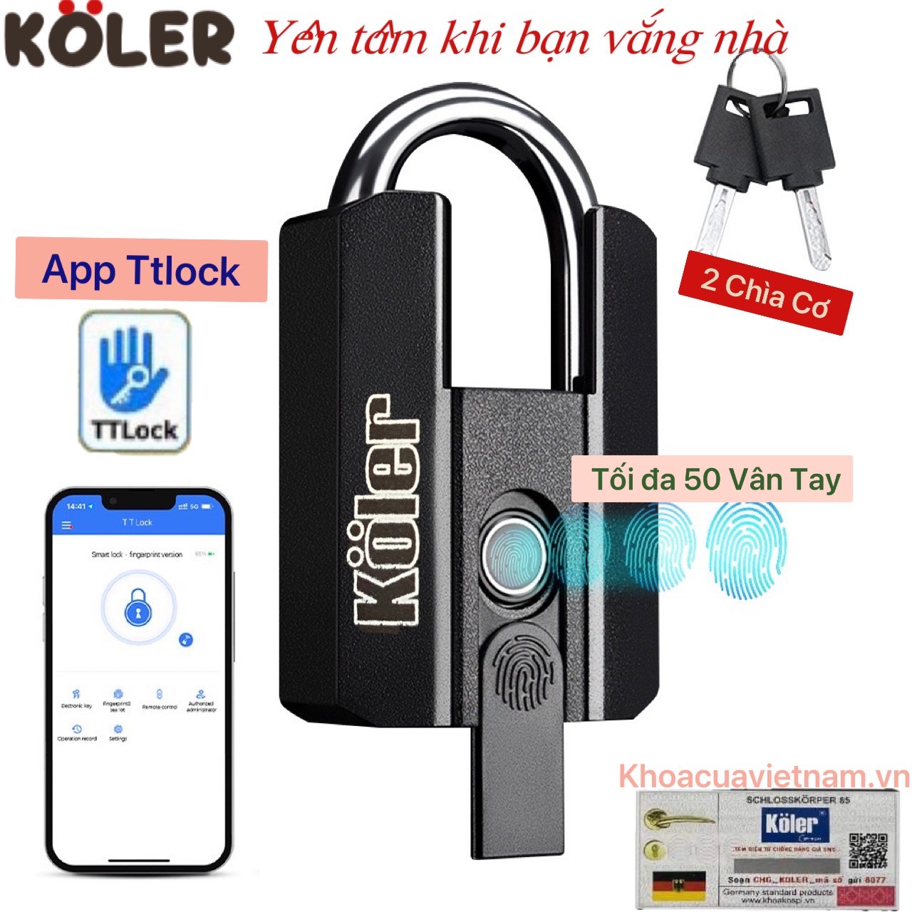 Khóa Móc Vân Tay Chống Cắt KOLER. Mở Bằng APP, Vân Tay Và Chìa Cơ. Tiện Lợi Chống Nước.