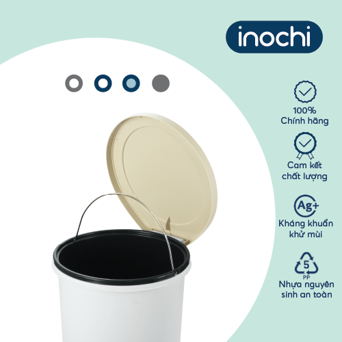 Thùng rác đạp tròn Inochi - Hiro 6L Thân Ghi sữa+ Nắp Ghi sữa/Xanh nhật