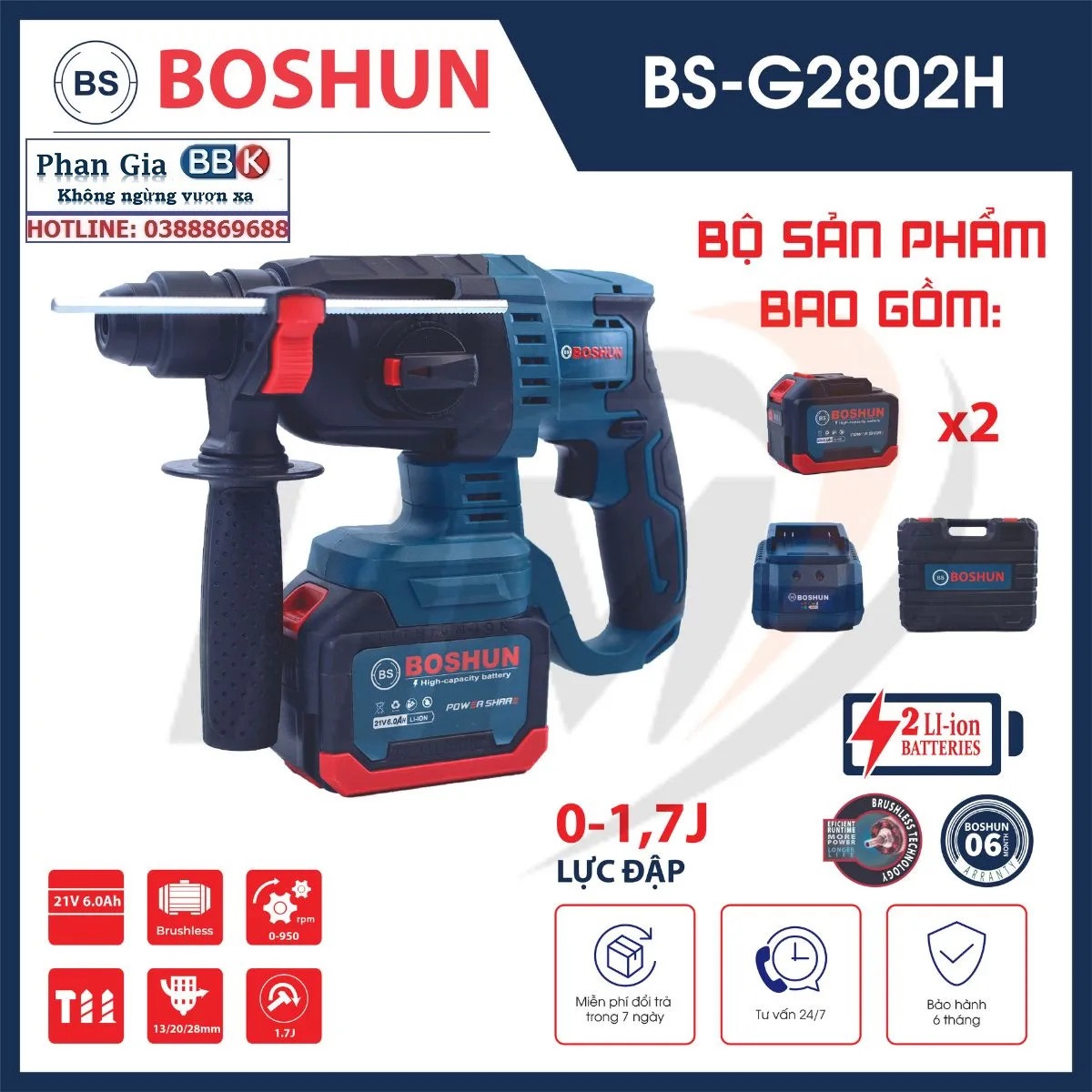 Máy Khoan Bê Tông 21V Dùng Pin BOSHUN 15 Cell Loại Cao Cấp - Khoan Đục Bê Tông Đa Năng - Bảo Hành 12 Tháng