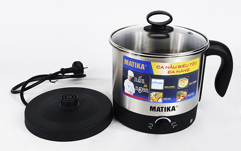 Ca Nấu Đa Năng 1.6L Inox 304 Matika MTK-1612 Công Suất 600W ,Ca Nấu Siêu Tốc,Nồi Lẩu Điện Mini,Nấu Mì. Nấu Lẩu,Đun Nước,Luộc Trứng -Hàng Chính Hãng